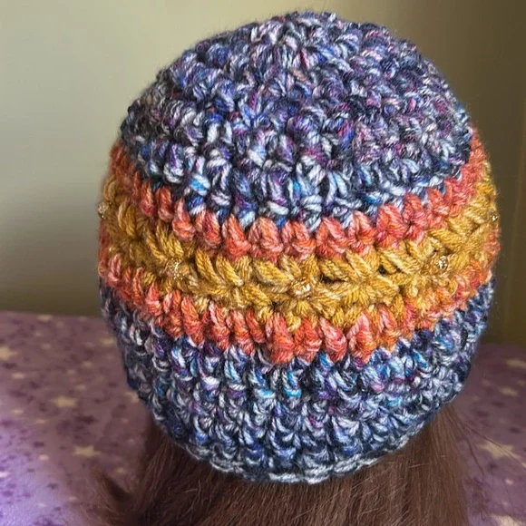 Colorful Knit Beanie with Blue Flower Accent medium soft acrylic yarn new - Picture 6 of 10